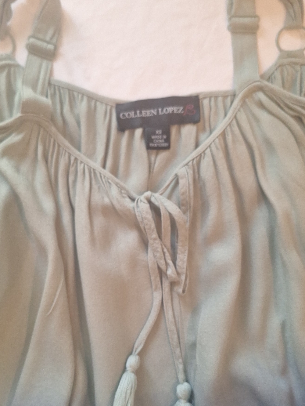 Colleen Lopez Light Sage/ indigo blue Tassel Tie winged blouse